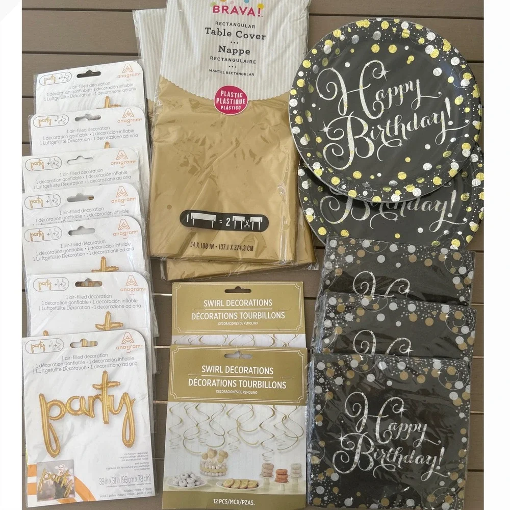 16 pc Happy Birthday Party Decorations Gold Table Cover Plates Napkins Swirls